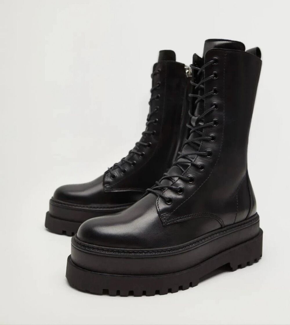 MNG Mango Women's Leather Platform Round Toe Black Lace-Up Boots Size 40 NWT